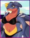  2018 anthro beach bikini black_swimwear breasts claws clothed clothing cloud female garchomp honey-beest navel nintendo non-mammal_breasts open_mouth pok&eacute;mon pok&eacute;mon_(species) portrait purple_scales red_scales reptile scales scalie seaside sharp_teeth sky smile solo spikes standing swimsuit teeth video_games water wings yellow_eyes yellow_scales 
