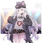  alternate_costume bangs bare_shoulders belt black_shorts blush braid breasts brown_eyes buckle bxr character_name choker closed_mouth collarbone cowboy_shot dated dinosaur eyebrows_visible_through_hair g11_(girls_frontline) girls_frontline hair_between_eyes hands_up hat highres holding jacket long_hair looking_at_viewer messy_hair multiple_belts nail_polish off_shoulder open_clothes open_jacket outside_border red_nails rocker-chic shiny shiny_skin shirt short_shorts shorts side_braid sidelocks silver_hair simple_background sleeveless sleeveless_shirt small_breasts solo sparkle thighs very_long_hair white_backpack 
