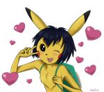  &lt;3 alpha_channel ambiguous_gender anthro antira backpack black_eyes black_hair blush fluffy hair nintendo peni_parker pikachu pok&eacute;mon pok&eacute;mon_(species) signature simple_background solo transparent_background v_sign video_games 