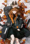  autumn_leaves blush brown_hair flower hair_flower hair_ornament hand_on_own_head highres jacket lavender_quartz long_hair looking_at_viewer lying on_back orange_eyes solo torabishi_lana wand zinbei 