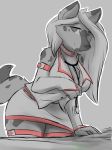  2018 5_fingers anthro breasts canine cleavage clothed clothing digital_media_(artwork) dog female fur grey_background hair infinitedge2u looking_at_viewer mammal simple_background solo 