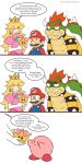  3boys 3koma absurdres blonde_hair bowser bracelet brown_hair collar comic crossover crown earrings english facial_hair hat highres horns jewelry kirby kirby_(series) long_hair mario mario_(series) multiple_boys mustache new_super_mario_bros._u_deluxe overalls princess_dress princess_peach rainyazurehoodie short_hair speech_bubble spiked_bracelet spiked_collar spikes super_crown 