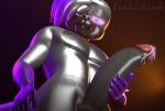  2018 3d_(artwork) anthro black_fur canine cum digital_media_(artwork) enderpup fur glowing glowing_eyes grey_fur hand_on_dick hyper linkie_(thatdoggolinkie) male mammal nude purple_eyes purple_fur solo standing thatdoggolinkie 