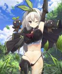  1girl blush bodysuit bouncing_breasts breasts creature curvy erect_nipples female forest grass hokkana jumping kaihara_nao large_breasts lilith-soft long_hair looking_at_viewer nature shiny shiny_skin simple_background sky solo taimanin_asagi_battle_arena thong white_hair wink 
