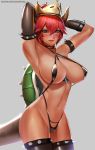  2018 animal_humanoid armband armwear badcompzero big_breasts blue_eyes blush bowser bowsette_meme breasts choker clothed clothing crossgender dark_skin elbow_gloves female gloves hair hands_behind_head horn horned_humanoid humanoid koopa legwear looking_at_viewer mario_bros navel nintendo pinup pose red_hair scalie sharp_teeth shell simple_background skimpy smile solo spikes standing super_crown tan_skin teeth thigh_highs thong video_games 