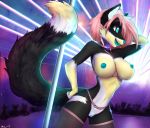  anthro black_fur blue_eyes blue_nipples blue_nose breasts canine clothed clothing crowd female fur gen_(character) group hair lingerie mammal nipples nude partially_clothed pink_hair pole public pussy smile solo son237_(artist) standing strip_club white_fur 