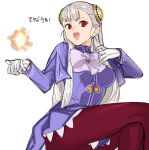  :d albino capcom_fighting_jam commentary_request dress fire gloves hairpods highres ingrid long_hair miniskirt open_mouth pantyhose project_x_zone_2 purple_dress purple_legwear red_eyes skirt smile tetsu_(kimuchi) translation_request white_gloves white_hair 