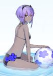  ball bare_arms bare_legs bare_shoulders barefoot beachball bikini black_bikini blush breasts closed_mouth commentary_request dark_skin eyebrows_visible_through_hair fate/grand_order fate_(series) from_side hairband halterneck hassan_of_serenity_(fate) highres looking_at_viewer looking_to_the_side purple_eyes purple_hair short_hair sitting small_breasts smile solo suzuharu_toufu swimsuit 