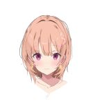  bad_id bad_twitter_id blush closed_mouth commentary_request earrings hair_ornament highres jewelry light_brown_hair looking_at_viewer mitsudoue original pink_eyes portrait short_hair simple_background smile solo white_background 
