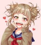  blush boku_no_hero_academia breasts brown_hair collarbone double_bun eyebrows_visible_through_hair heart looking_at_viewer medium_breasts megiha neckerchief open_mouth pink_background red_neckwear sailor_collar short_hair simple_background smile solo toga_himiko yellow_eyes 