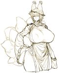  animal_humanoid big_breasts breasts canine chinese_clothing clothing dress eyes_closed female fluffy fluffy_tail fox_humanoid hair hand_on_hip hat huge_breasts humanoid mammal multi_tail nipple_bulge ran_yakumo short_hair solo space_jin tabard touhou voluptuous wide_hips 
