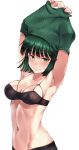  alternate_hair_color armpit_crease armpits arms_up bangs biceps black_bra black_pants blush bra breasts cleavage closed_mouth clothes_lift cokio collarbone commentary_request eyebrows_visible_through_hair fubuki_(one-punch_man) green_eyes green_hair green_sweater highres hip_bones looking_at_viewer medium_breasts midriff multi-strapped_bra navel no_shirt one-punch_man pants partial_commentary ribbed_sweater shiny shiny_hair short_hair simple_background smile solo standing stomach sweater sweater_lift toned underwear undressing upper_body white_background 