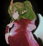  black_background chiki cloak commentary_request dragon_wings fire_emblem fire_emblem:_monshou_no_nazo fire_emblem_heroes from_side green_eyes green_hair hair_ribbon hood hood_down itou_(very_ito) long_hair mamkute pointy_ears ponytail red_ribbon ribbon simple_background solo tiara wings wristband 