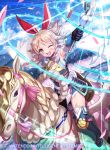  armor armpits black_gloves blonde_hair boots bow braid breastplate cape cloud cloudy_sky emma_(fire_emblem) fire_emblem fire_emblem_cipher flying full_body garter_straps gloves hair_bow kousei_horiguchi long_hair looking_at_viewer magic official_art one_eye_closed open_mouth pegasus pegasus_knight riding rod sky smile solo thigh_boots thighhighs twin_braids watermark yellow_eyes 