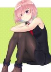  black_legwear dress eyes_visible_through_hair fate/grand_order fate_(series) hair_over_one_eye itsumi_mita mash_kyrielight necktie pantyhose pink_hair pleated_dress purple_eyes shirt short_hair simple_background sitting sleeveless smile solo white_shirt 