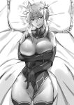  ahoge artoria_pendragon_(all) artoria_pendragon_(lancer) bare_shoulders bed_sheet blush braid breasts breath covering_nipples crown elbow_gloves eyebrows_visible_through_hair fate/grand_order fate_(series) gloves greyscale hair_between_eyes head_tilt highres huge_breasts leotard leotard_aside looking_at_viewer lying monochrome nanaya_(daaijianglin) on_back on_bed parted_lips pillow seductive_smile short_hair sidelocks smile solo sweat thighhighs 
