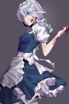  apron bangs blood blood_on_face bloody_hands blue_dress blue_eyes bow braid breasts commentary_request cowboy_shot dress eyebrows_visible_through_hair frilled_apron frills green_bow grey_background hair_between_eyes hair_bow hand_up head_tilt highres holding holding_knife izayoi_sakuya knife knives_between_fingers maid maid_apron maid_headdress petticoat puffy_short_sleeves puffy_sleeves shirt short_hair short_sleeves silver_hair simple_background small_breasts solo standing touhou vippest waist_apron white_apron white_shirt 