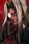  blue_eyes cigar clenched_teeth collared_shirt glasses hankuri hellsing integra_hellsing long_hair red_background red_neckwear shirt silver_hair smoking solo teeth 