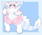  2018 anthro blue_background blue_eyes blue_fur blue_stripes breasts cake_(honey-beest) cheek_tuft claws dragon ear_tuft eyelashes female fluffy fur furred_dragon honey-beest looking_at_viewer markings navel neck_tuft non-mammal_breasts nude pawpads paws pink_fur pink_stripes pose simple_background slightly_chubby smile solo standing striped_tail stripes tail_tuft thick_thighs toe_claws tuft white_fur 