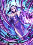  belt breasts cape cleavage dress feet_out_of_frame fire_emblem fire_emblem_cipher green_eyes hair_ornament kousei_horiguchi large_breasts long_hair looking_at_viewer magic magic_circle official_art pelvic_curtain purple_dress shade_(fire_emblem) side_slit silver_hair smile solo thigh_strap watermark 
