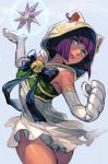  animal_hood bangs blunt_bangs cat_hood closed_mouth cowboy_shot dress gloves green_eyes grey_background hankuri hood hood_up looking_at_viewer menat paw_gloves paws purple_hair short_dress simple_background smile solo standing street_fighter street_fighter_v white_dress 