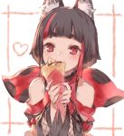  animal_ear_fluff animal_ears animare bangs bare_shoulders blunt_bangs commentary_request crepe eyebrows_visible_through_hair food fox_ears heart holding holding_food inari_kuromu izumi_sai kuromu_channel multicolored_hair red_eyes short_eyebrows short_hair solo streaked_hair thick_eyebrows virtual_youtuber 