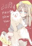 2018 animal animal_ears animal_hug bangs blue_eyes blush brown_hair cat_ears chinese_zodiac closed_mouth dog english eyebrows_visible_through_hair fingernails grey_sweater hair_between_eyes happy_new_year hat heart highres long_hair long_sleeves looking_at_viewer midriff mitoko_(kuma) navel new_year original pleated_skirt red_background red_ribbon ribbed_sweater ribbon skirt skirt_hold sleeves_past_wrists smile solo sweater yellow_hat yellow_skirt 