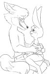  assisted_exposure black_and_white blush canine clothed clothing disney duo female fox judy_hopps lagomorph male male/female mammal monochrome nick_wilde rabbit side_view simple_background sweat sweatdrop topless unnecessaryfansmut white_background zootopia 