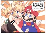  1girl bare_shoulders black_dress blue_overalls blush bowsette bracelet breasts brooch bush cleavage collar comic dress earrings english facial_hair forked_eyebrows hat highres hinghoi horns hug hug_from_behind jewelry large_breasts long_ponytail mario mario_(series) mustache new_super_mario_bros._u_deluxe pointy_ears red_hat red_shirt sharp_teeth shirt smile spiked_bracelet spiked_collar spiked_shell spiked_tail spikes super_crown super_mario_bros. tail teeth thick_eyebrows 