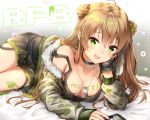  :d ahoge bangs bare_shoulders black_dress black_gloves blurry blush bodypaint bow breasts brown_hair camouflage_jacket cellphone character_name choker cleavage collarbone depth_of_field dog_tags double_bun dress eyebrows_visible_through_hair fingerless_gloves fur-trimmed_jacket fur_trim girls_frontline gloves green_eyes hair_between_eyes hair_bow hair_ornament head_on_hand highres jacket long_hair looking_at_viewer lying medium_breasts mole mole_on_breast off_shoulder on_stomach open_mouth paint_splatter phone rfb_(girls_frontline) short_dress sidelocks single_fingerless_glove smartphone smile solo strap_slip thighs toki_(toki_ship8) 