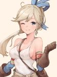  ;) ahoge arm_strap bag bangs bare_shoulders between_breasts blue_eyes blue_ribbon blush breasts brown_gloves cleavage clenched_hand closed_mouth collarbone commentary cucouroux_(granblue_fantasy) elbow_gloves eyebrows_visible_through_hair gloves granblue_fantasy grey_background hair_ribbon hand_up highres koretsuki_azuma light_brown_eyes looking_at_viewer medium_breasts one_eye_closed ponytail ribbon shoulder_bag sidelocks simple_background smile solo strap_cleavage striped striped_ribbon swept_bangs tank_top upper_body 