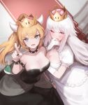 armlet bare_shoulders black_collar black_dress black_nails blonde_hair blue_earrings blue_eyes blush bowsette bracelet collar crown dress earrings eyebrows_visible_through_hair frilled_dress frills gloves highres horns jewelry long_hair luigi's_mansion mario_(series) multiple_girls nail_polish new_super_mario_bros._u_deluxe open_mouth pink_eyes pn_pixi pointing pointing_up ponytail princess_king_boo puffy_short_sleeves puffy_sleeves red_carpet sharp_teeth short_sleeves spiked_armlet spiked_bracelet spiked_collar spiked_shell spikes strapless strapless_dress super_crown super_mario_bros. teeth turtle_shell white_dress white_gloves white_hair 