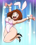  1_girl animal_ears ass boku_no_hero_academia breasts brown_eyes brown_hair bunny_ears bunny_suit bunny_tail cleavage curvy eyelashes fake_tail female grimphantom heels high_heels hips jumping large_breasts leotard looking_at_viewer open_mouth pose short_hair solo tail thick_thighs thighs uraraka_ochako wide_hips 