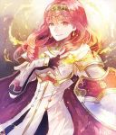  armor cape celica_(fire_emblem) dress fingerless_gloves fire_emblem fire_emblem_echoes:_mou_hitori_no_eiyuuou fire_emblem_heroes gloves jewelry long_hair okii open_mouth red_eyes red_hair smile solo tiara 