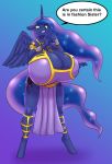  2018 anthro anthrofied big_breasts blue_eyes blue_fur blues64 breasts cleavage clothed clothing dialogue english_text equine female friendship_is_magic fur hair harem_outfit hooves horn huge_breasts long_hair long_tail mammal mr.pink multicolored_hair my_little_pony princess_luna_(mlp) solo text unicorn_horn winged_unicorn wings 