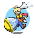  1girl bangs blonde_hair drooling f.l.u.d.d. hair_between_eyes highres jeetdoh mario mario_(series) nintendo simple_background super_crown super_mario_sunshine 