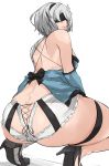  ass asymmetrical_clothes back blindfold breasts butt_crack cafekun curvy from_behind from_below headband heels high_heels hips huge_ass kaine_(nier)_(cosplay) medium_breasts medium_hair mole mole_under_mouth nier_(series) nier_automata short_hair silver_hair simple_background squatting thick_thighs thighs white_background wide_hips yorha_no._2_type_b 