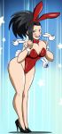  1_girl animal_ears ass black_eyes black_hair blush boku_no_hero_academia breasts bunny_ears bunny_suit bunny_tail cleavage curvy eyelashes female grimphantom heels high_heels hips large_breasts legs leotard long_hair looking_at_viewers open_mouth ponytail pose solo standing tail thick_thighs thighs thong wide_hips yaoyorozu_momo 