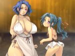  2girls bare_arms bare_legs bare_shoulders blue_hair blurry blurry_background blush breasts cleavage closed_mouth cowboy_shot dress flat_chest green_hair highres huge_breasts legs long_hair long_ponytail looking_at_viewer miniskirt multiple_girls original parted_lips ponytail purple_eyes shiny shiny_skin short_hair size_difference skirt sleeveless standing thighs tied_hair white_clothes white_skirt yakuza_yuusha_wo_maneite_shimatta_machi yoko_juusuke 