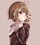  :t bad_id bad_pixiv_id blush bottle bottle_to_cheek brown_background brown_hair brown_shirt closed_mouth commentary_request fingernails hairband hands_up highres holding holding_bottle hood hood_down hooded_jacket jacket long_sleeves looking_away looking_to_the_side naoton off_shoulder orange_hairband original pout shirt short_hair simple_background sleeves_past_wrists solo upper_body white_jacket 