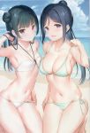  2girls absurdres arm_up armpits asymmetrical_docking bandeau bangs bare_arms bare_legs bare_shoulders barefoot beach bikini bikini_pull black_hair blue_hair blush breast_press breasts cleavage cloud collarbone day embarrassed eyebrows_visible_through_hair green_bikini hair_brushing hair_tucking halterneck high_ponytail highres hip_bones horizon huge_filesize kneeling large_breasts light_smile long_hair looking_at_viewer love_live! love_live!_sunshine!! matsuura_kanan mignon multiple_girls navel o-ring o-ring_bikini o-ring_bottom ocean open_mouth outdoors ponytail pulled_by_self purple_eyes red_eyes sand scan shiny shiny_skin side-tie_bikini side_bun sidelocks skindentation sky small_breasts smile string_bikini swimsuit tsushima_yoshiko white_bikini 