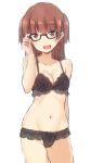  :d adjusting_eyewear arm_up bare_arms bare_shoulders black-framed_eyewear black_bra black_panties blush bow bow_bra bow_panties bra breasts brown_eyes brown_hair cleavage collarbone commentary_request cowboy_shot glasses glasses_day head_tilt lace lace-trimmed_panties lace_bra long_hair medium_breasts nagami_yuu navel open_mouth original panties semi-rimless_eyewear simple_background smile solo two_side_up under-rim_eyewear underwear underwear_only white_background 