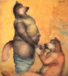  1998 anthro balls bd black_nose brown_fur canine clothed clothing colored_pencil_(artwork) duo eyes_closed fur half-closed_eyes hand_on_penis humanoid_penis licking male male/male mammal oral orange_background orange_fur overweight overweight_male penis penis_lick sex simple_background sitting slightly_chubby tongue tongue_out traditional_media_(artwork) 