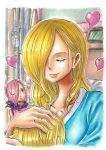  2girls :o blonde_hair blush brother_and_sister child closed_eyes hair_over_one_eye hand_on_another's_head heart hug indoors intravenous_drip long_hair mother's_day mother_and_daughter mother_and_son multiple_girls oda_eiichirou_(style) official_style one_piece pink_hair sanji scarf siblings smile sparkle stt0tr vinsmoke_reiju vinsmoke_sora 