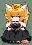  black_dress blonde_hair blue_earrings bowsette bracelet chibi collar commentary_request crown dress earrings genjitsu highres horns jewelry mario_(series) new_super_mario_bros._u_deluxe pointy_ears skirt skirt_hold spiked_armlet spiked_bracelet spiked_collar spiked_shell spiked_tail spikes strapless strapless_dress super_crown tail turtle_shell 