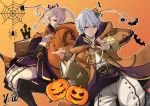  1girl cape dual_persona female_my_unit_(fire_emblem:_kakusei) fire_emblem fire_emblem:_kakusei fire_emblem_heroes halloween halloween_costume hat kero_sweet long_hair looking_at_viewer male_my_unit_(fire_emblem:_kakusei) my_unit_(fire_emblem:_kakusei) pumpkin robe short_hair simple_background smile tiara twintails white_hair witch_hat 