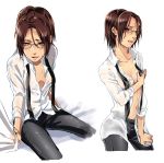  black_pants breasts brown_eyes brown_hair cleavage collarbone dress_shirt glasses hange_zoe highres looking_at_viewer midriff navel null_(chronix) open_clothes open_mouth open_shirt pants shingeki_no_kyojin shirt short_hair simple_background sitting small_breasts solo stomach wet wet_clothes wet_hair wet_shirt white_background white_shirt 