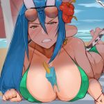  1girl angry animal_ears barefoot beach between_breasts blue_eyes blush breasts cleavage clenched_teeth cloud cow_ears cow_girl cow_tail earrings erect_nipples flower food food_between_breasts frown green_eyes hair_flower hair_ornament half-closed_eyes horns huge_breasts ice_cream jewelry legs_up long_hair looking_at_viewer lying melting melting_ice ocean on_stomach original outdoors parted_lips rozencruz sky solo sunglasses sunglasses_on_head sweat tail teeth water 
