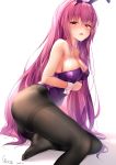  animal_ears ass bangs bare_arms bare_shoulders black_legwear blush breasts bunny_ears bunnysuit chen_bin cleavage commentary_request dated eyebrows_visible_through_hair eyes_visible_through_hair fake_animal_ears fate/grand_order fate_(series) from_side hairband highres leaning_to_the_side leotard long_hair looking_at_viewer medium_breasts no_shoes open_mouth pantyhose purple_eyes purple_hair purple_hairband purple_leotard scathach_(fate)_(all) scathach_(fate/grand_order) signature simple_background sitting solo strapless strapless_leotard thighband_pantyhose upper_teeth very_long_hair white_background wrist_cuffs 