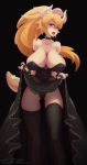  :p bare_shoulders black_background black_dress black_legwear black_panties blonde_hair blue_eyes bowsette breasts breasts_apart cleavage collar collarbone commentary crown dress dress_lift drooling earrings frilled_skirt frills half-closed_eyes highres horns jewelry large_breasts long_hair looking_at_viewer mario_(series) new_super_mario_bros._u_deluxe open_mouth panties pointy_ears saliva sharp_teeth signature simple_background skirt skirt_lift sleeveless sleeveless_dress slivokuch solo spiked_armlet spiked_collar spiked_tail spikes strapless strapless_dress super_crown tail teeth thighhighs tongue tongue_out underwear very_long_hair watermark web_address 